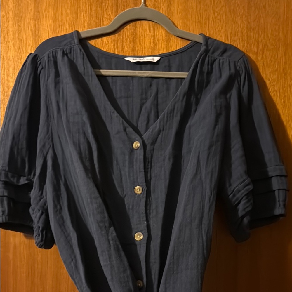 Sonoma Blue Button Down Shirt with ruffle detail sleeves